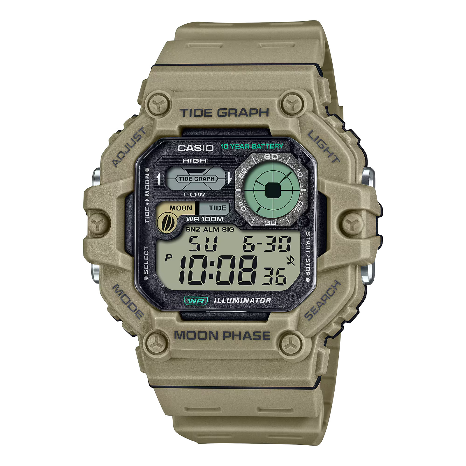 Casio WS-1700H-5AV, Tide Graph/Moon Phase Resin Watch, 3 Alarms, 10 Year Battery