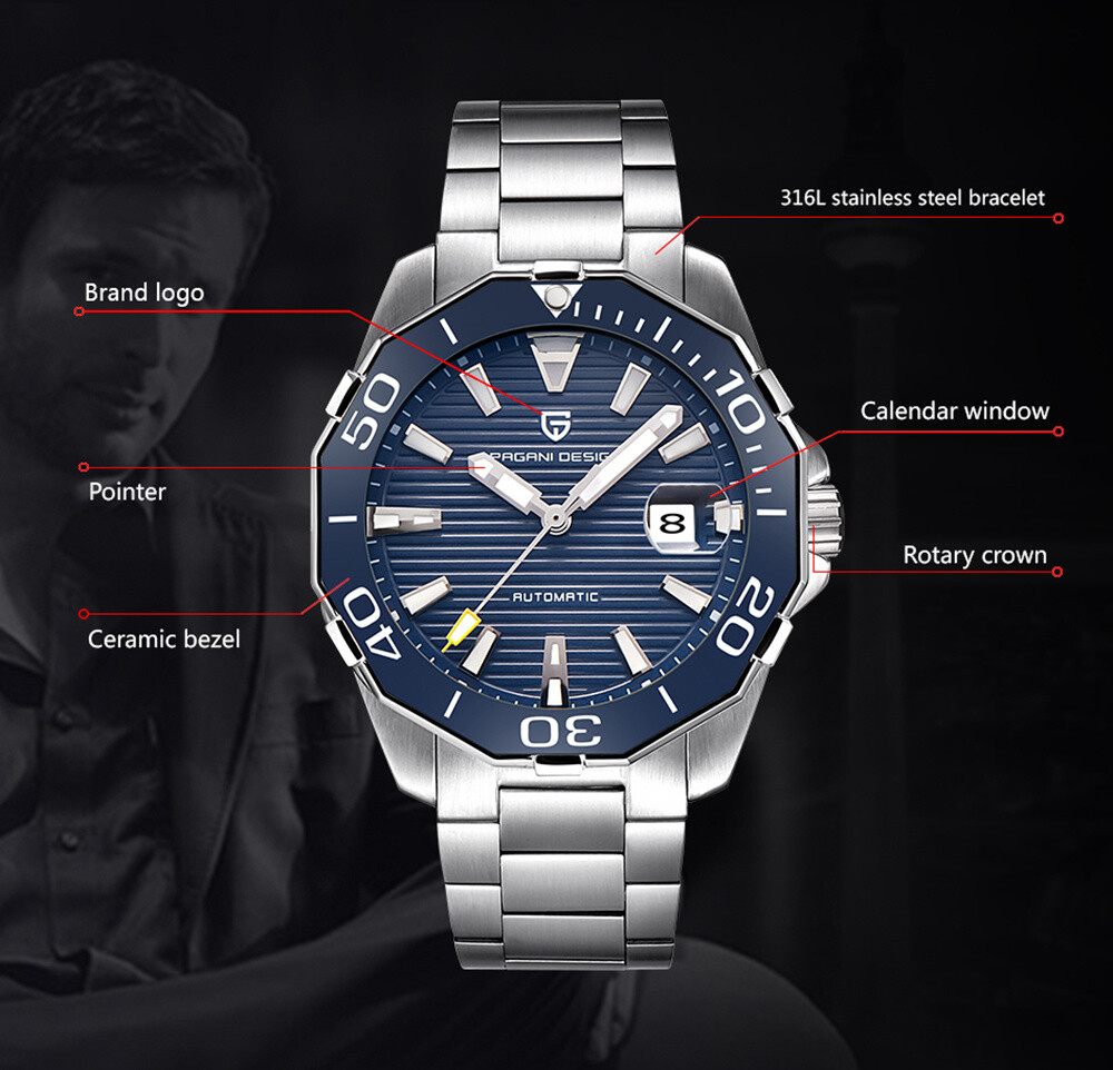 Mens Mechanical Watches Automatic Date Stainless Steel Ceramic Bezel Analog Dial