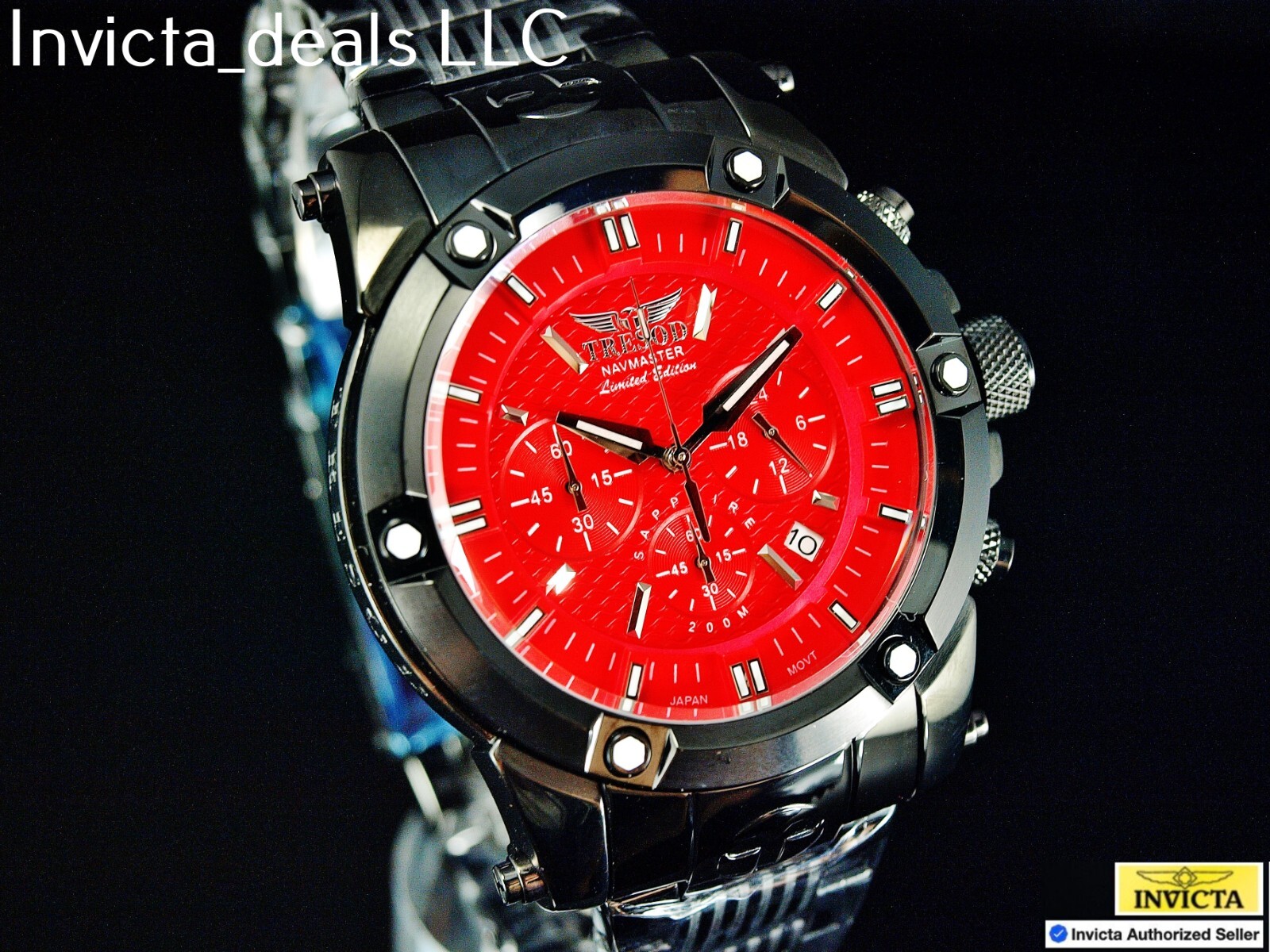 Tresod Men’s NAVMASTER Chronograph Red Dial Black Tone Sapphire Crystal SS Watch