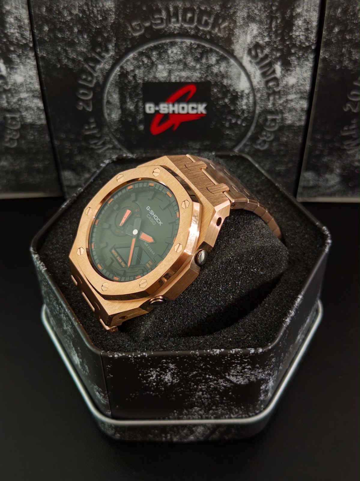 Casio GA-2100 G-Shock Watch – Sandblasted Gold Rose Case Mod – Black Dial