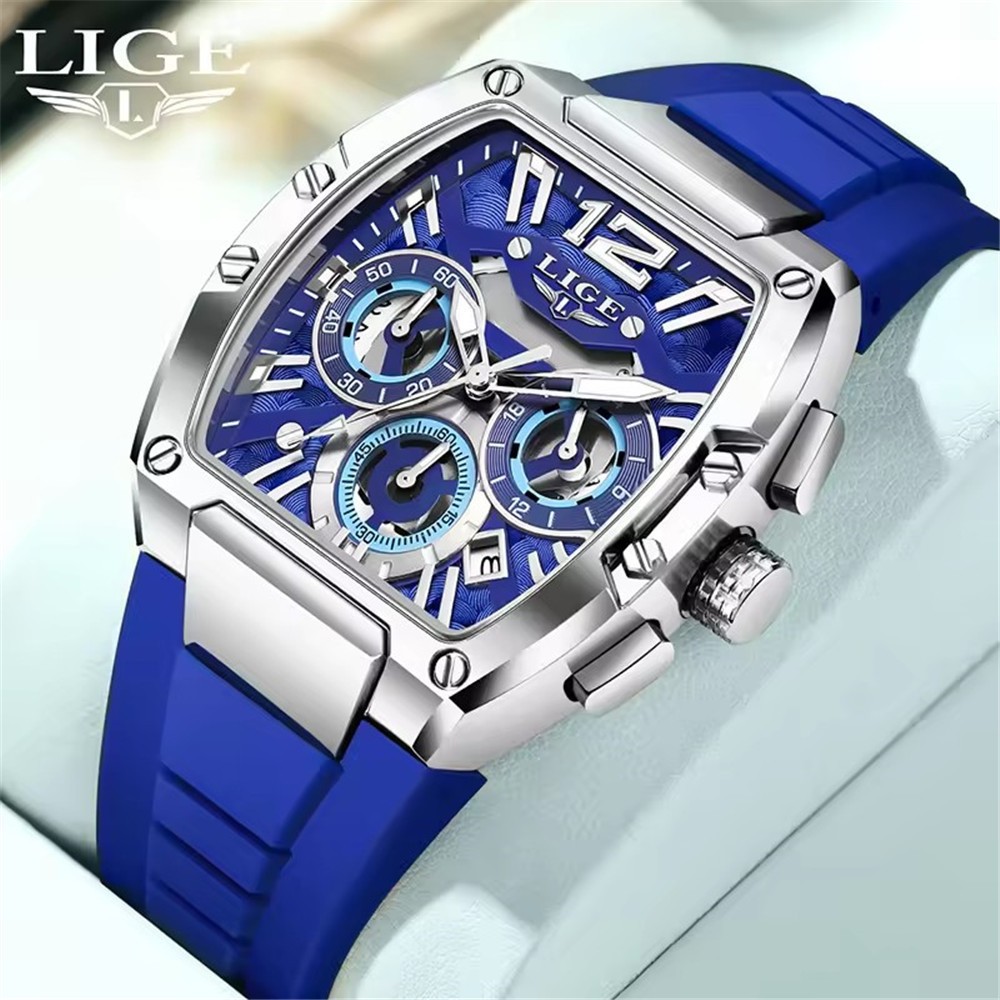 LIGE Men Rectangle Watch Big Dial Chronograph Wristwatch Boy Outdoor Sport Watch