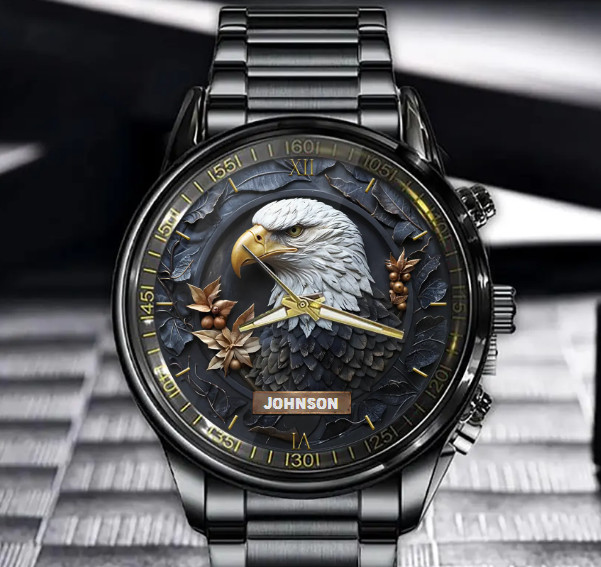 Personalized Eagle Black Stainless Steel Watch Patriotic Gift