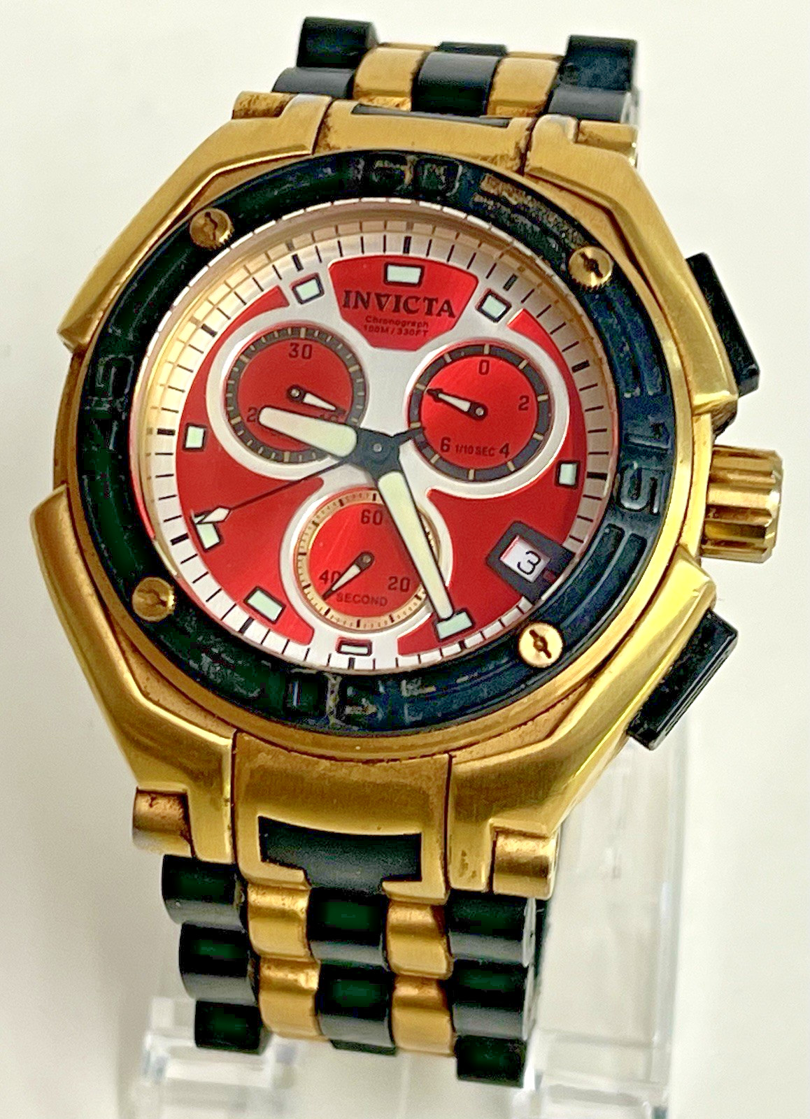 MENS GOLD & BLACK INVICTA 6273 CHRONOGRAPH 100M 330FT WATCH SWISS MOV’T RED DIAL