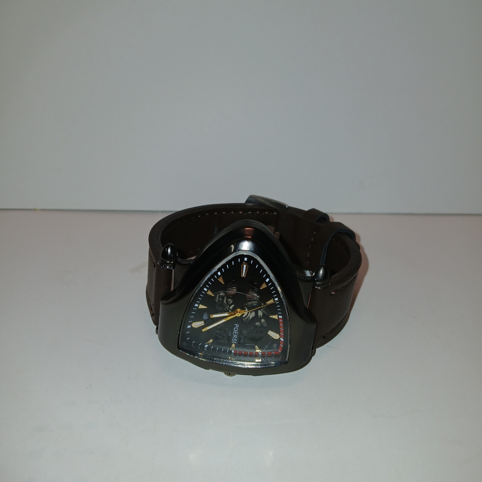 ​Men’s Triangle Face Skeleton Watch Black Dial Brown Leather Band Fashion Quartz