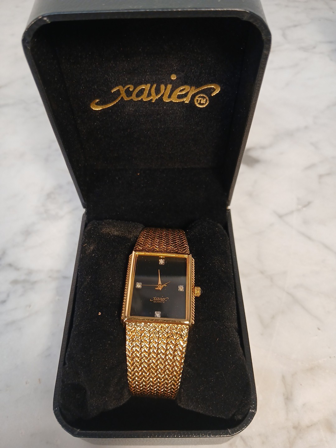 Vintage 90s XAVIER Diamond Onyx Men’s Quartz Watch Gold Case Black Untested no2