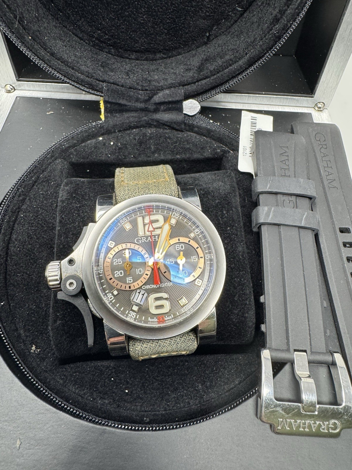 Graham Chronofighter Automatic Chronograph Military Watch Black Dial Box Papers