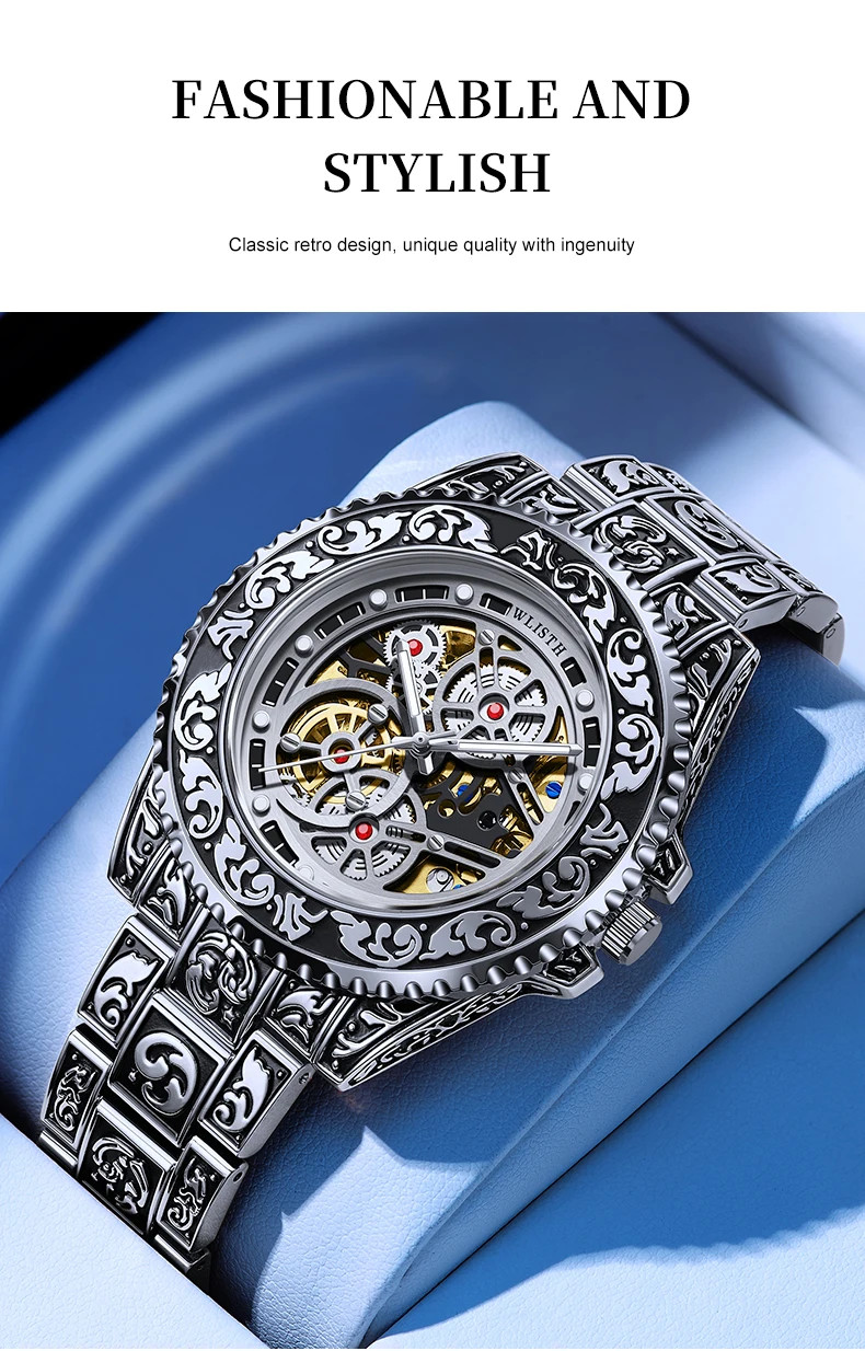 Automatic Mechanical Watch For Men Retro Luminous Stainless Steel Strap Reloj