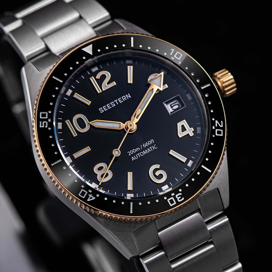 Seestern S434 Automatico Argento Nero Oro Data Maglia Zaffiro Orologio Uomo