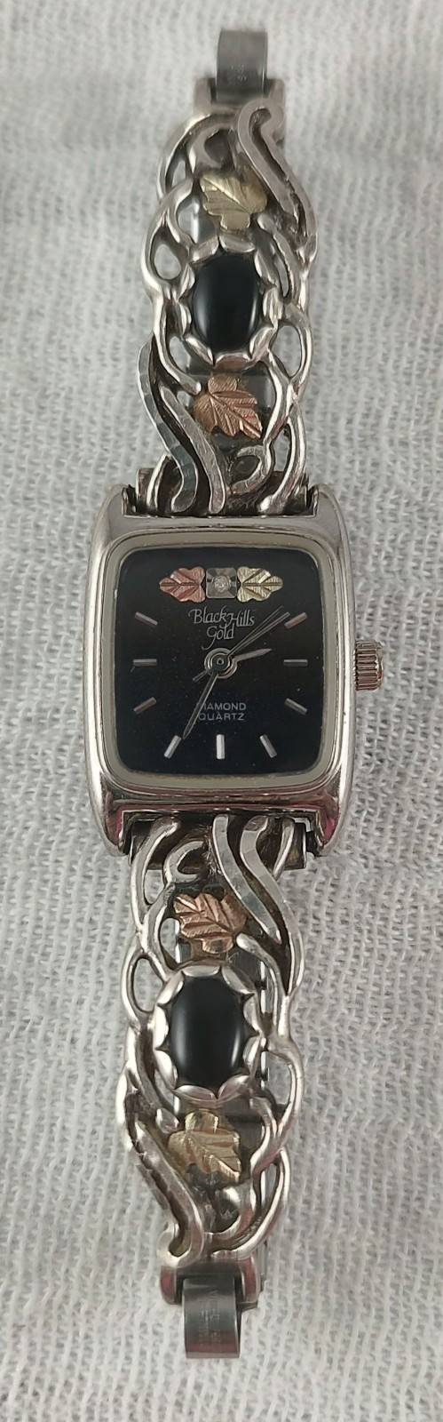 Vintage 12K Black Hills Gold Diamond Onyx Sterling Silver Ladies Wristwatch RUNS