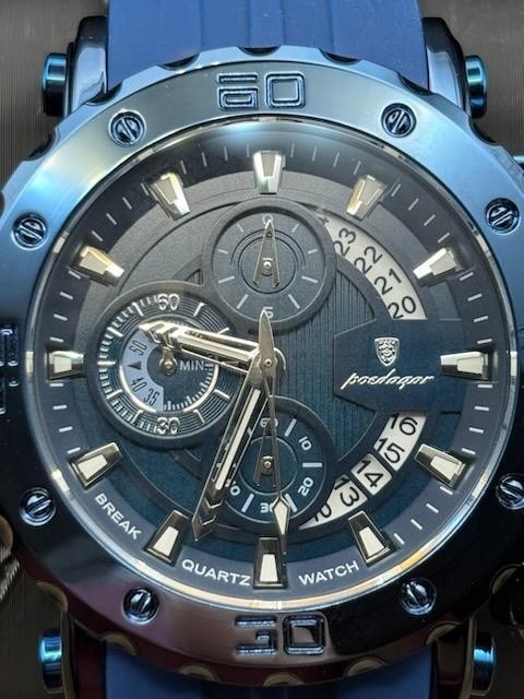 Poedagar Men’s Quartz Chronograph Watch Blue Dial Silicone Strap 3ATM