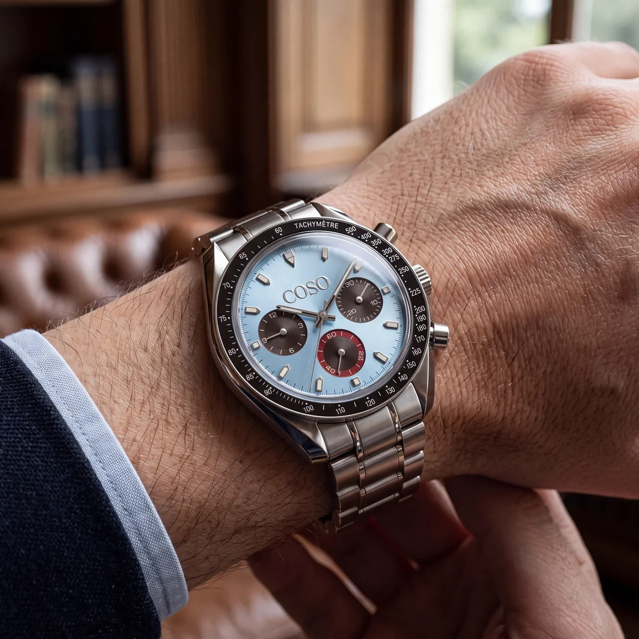 COSO Torvex Chronograph Ice Blue Dial Red Accent Black Bezel Steel Bracelet