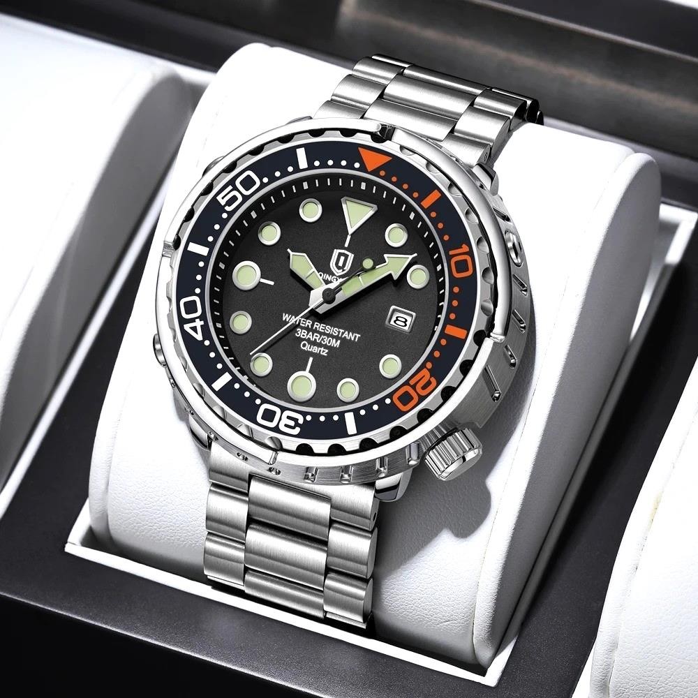 44MM QINGXIYA Tuna Quartz Mens Watch Stainless Steel 30M Waterproof Luminous NEW