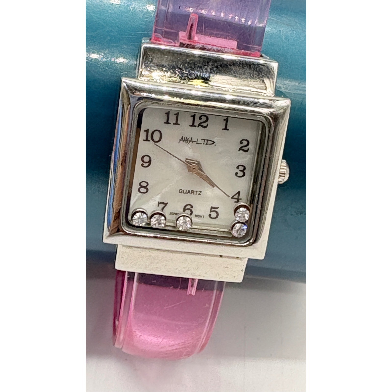 ANYA-LTD Womens Quartz Watch Square Silver Pink Acrylic Cuff Floating Crystal
