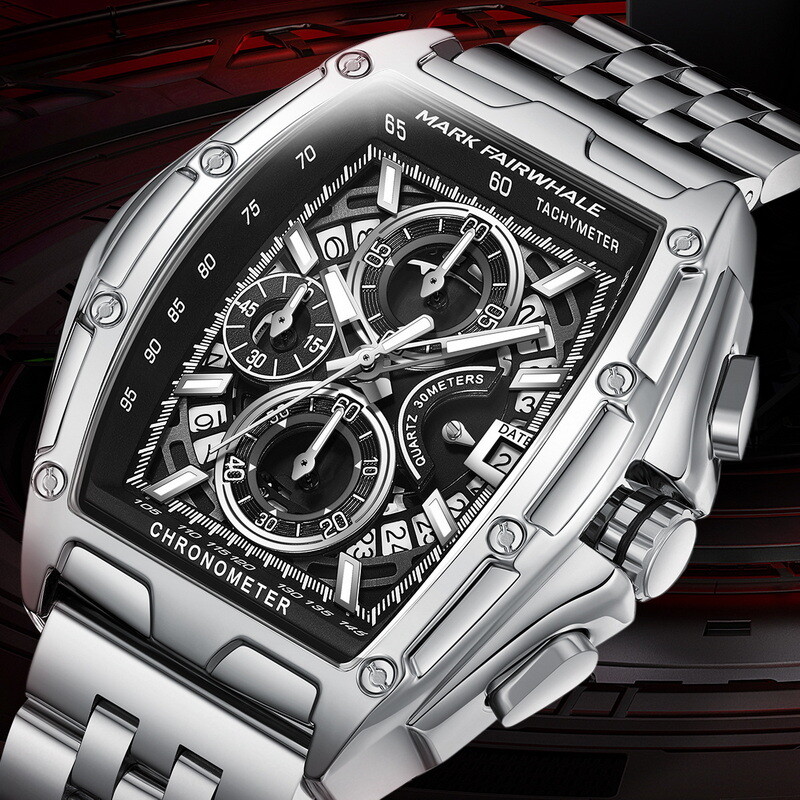 MARK FAIRWHALE Tonneau Multifunction Chronograph Calendar Luminous Quartz Watch