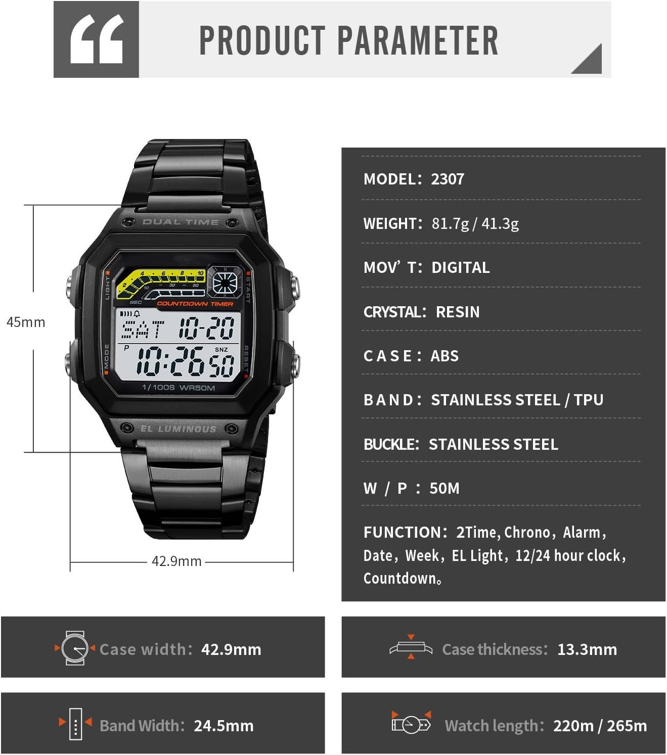 Men’S Digital Multi-Function Watches Dual Time Alarm Stopwatch Countdown Backlig