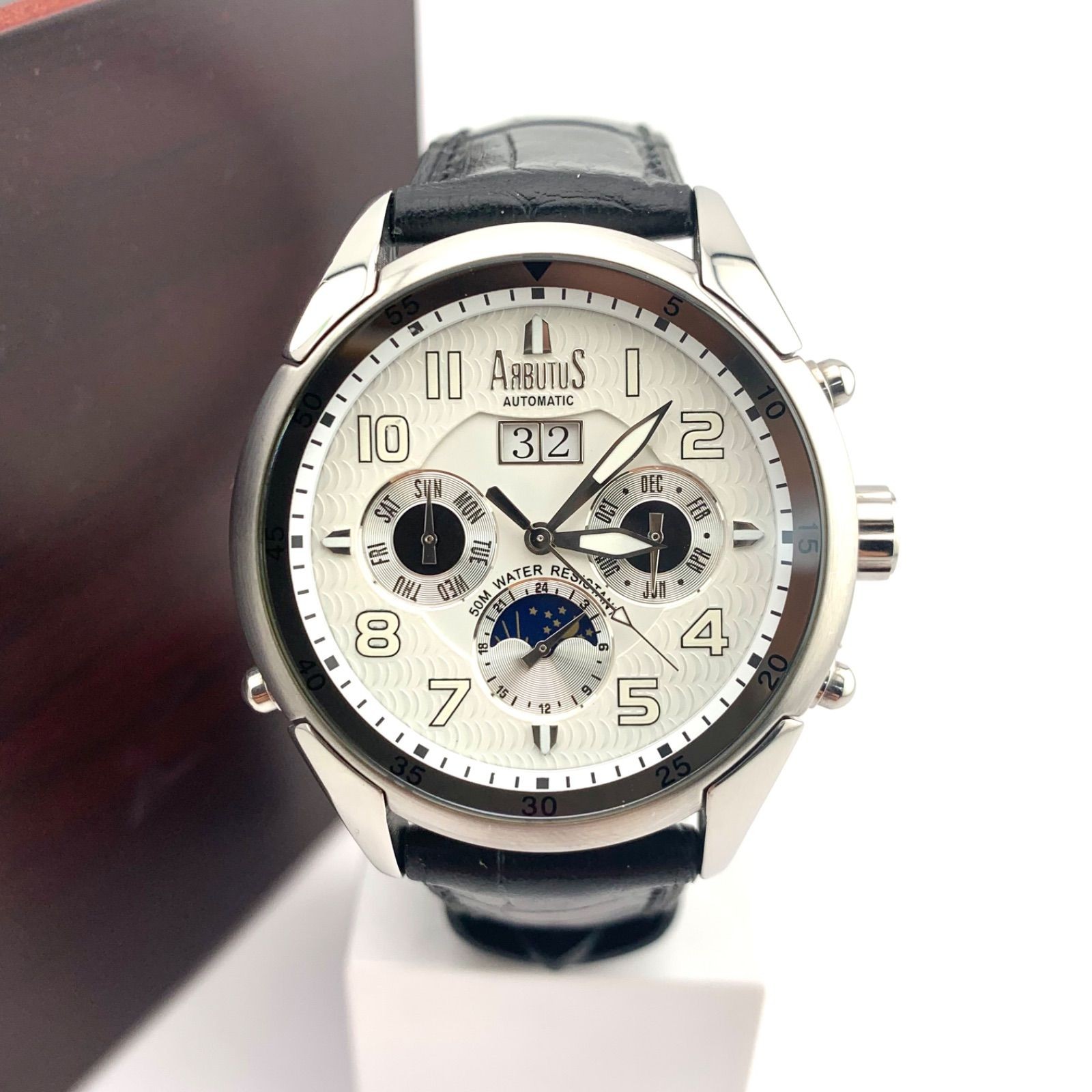 Arbutus Automatic Watch Silver Black Leather Date Day Month From Japan