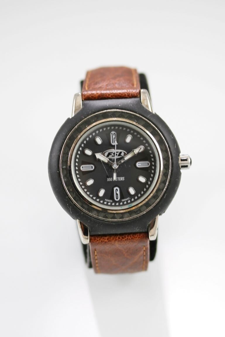 Fossil FSL Watch Men Stainless Silver Black Rubber Leather Brown 100m Quartz
