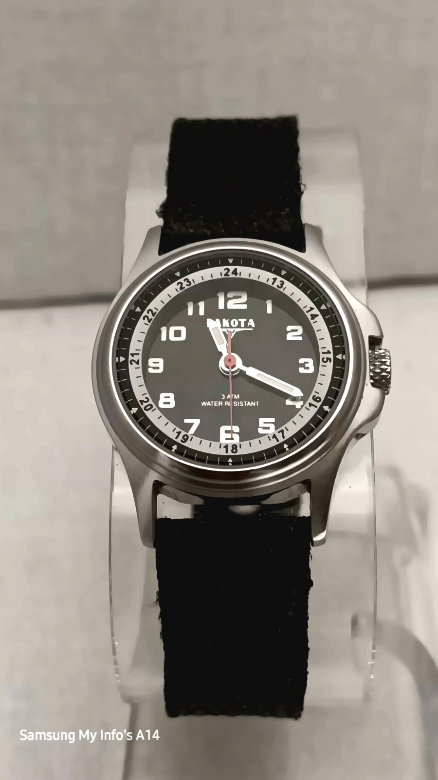 Dakota Stainless Steel Watch Canvas Black Band Mineral Glass Crystal 3 ATM.