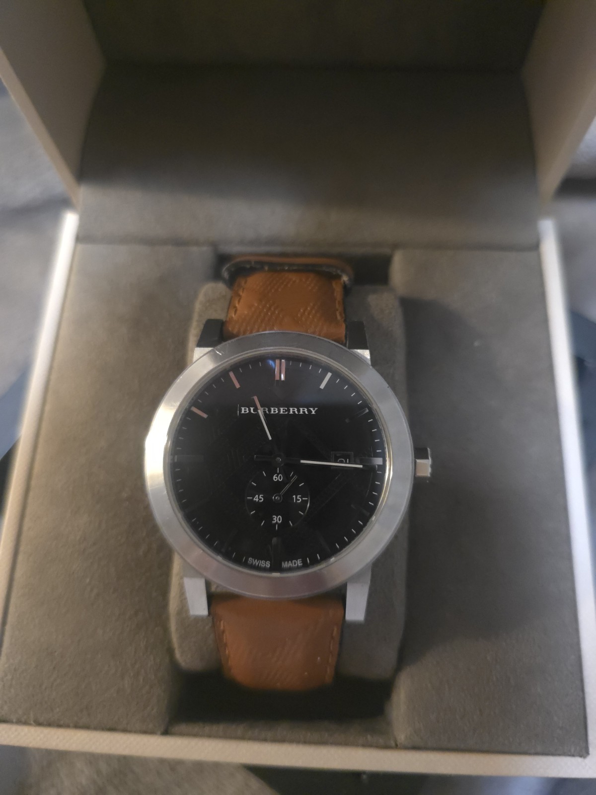Burberry BU9905 The City Watch Swiss Sapphire Brown Leather Box Papers