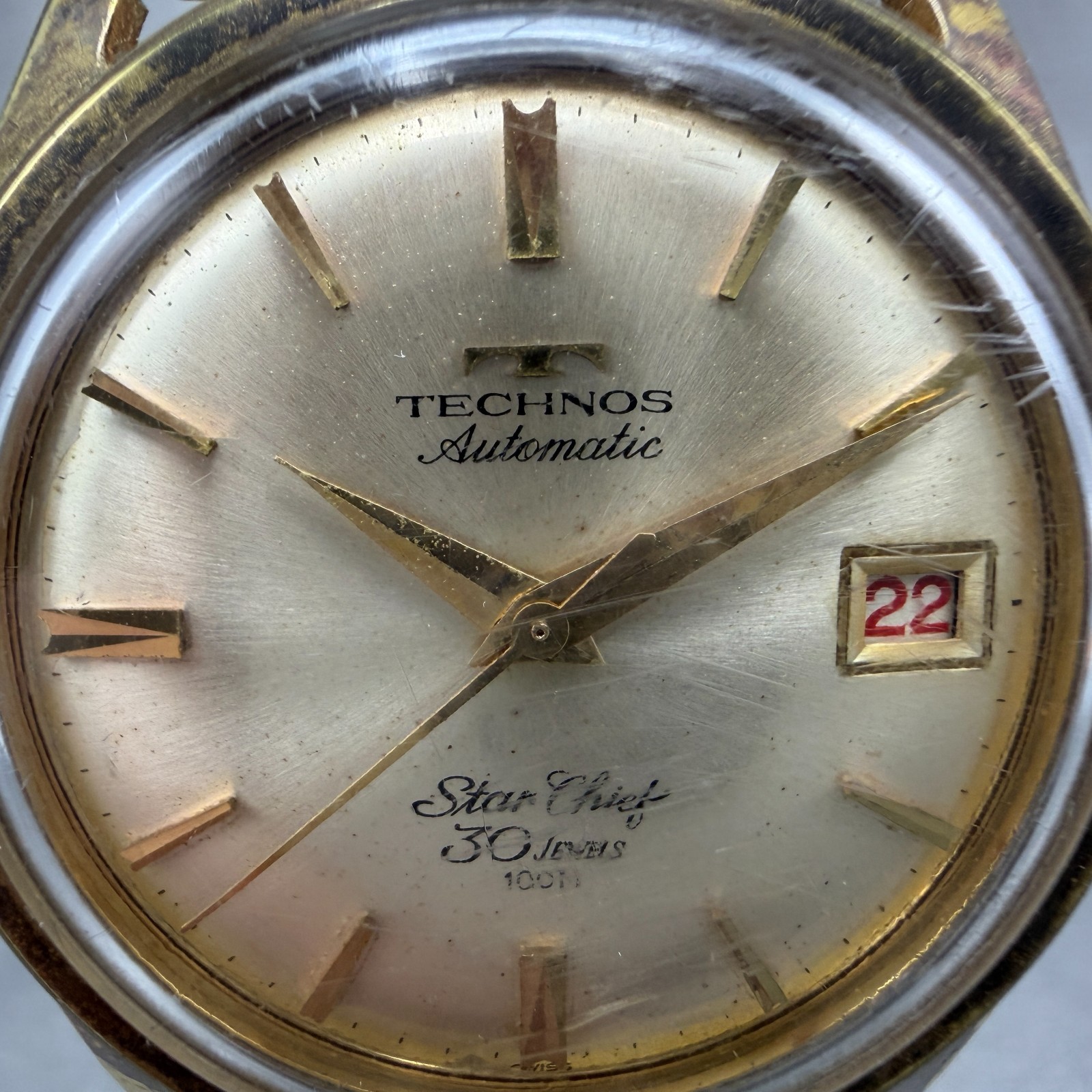 Technos Star Chief Automatic Watch Men 36mm Champagne Dial Gold Tone Date Runs
