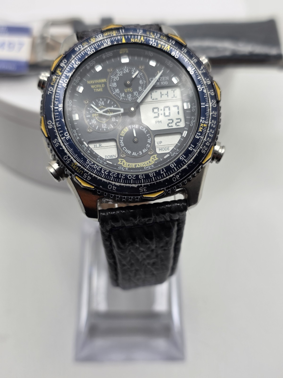 CITIZEN NAVIHAWK BLUE ANGEL C300 WORLTIMER GUN METAL QUARTZ MEN PILOT WATCH