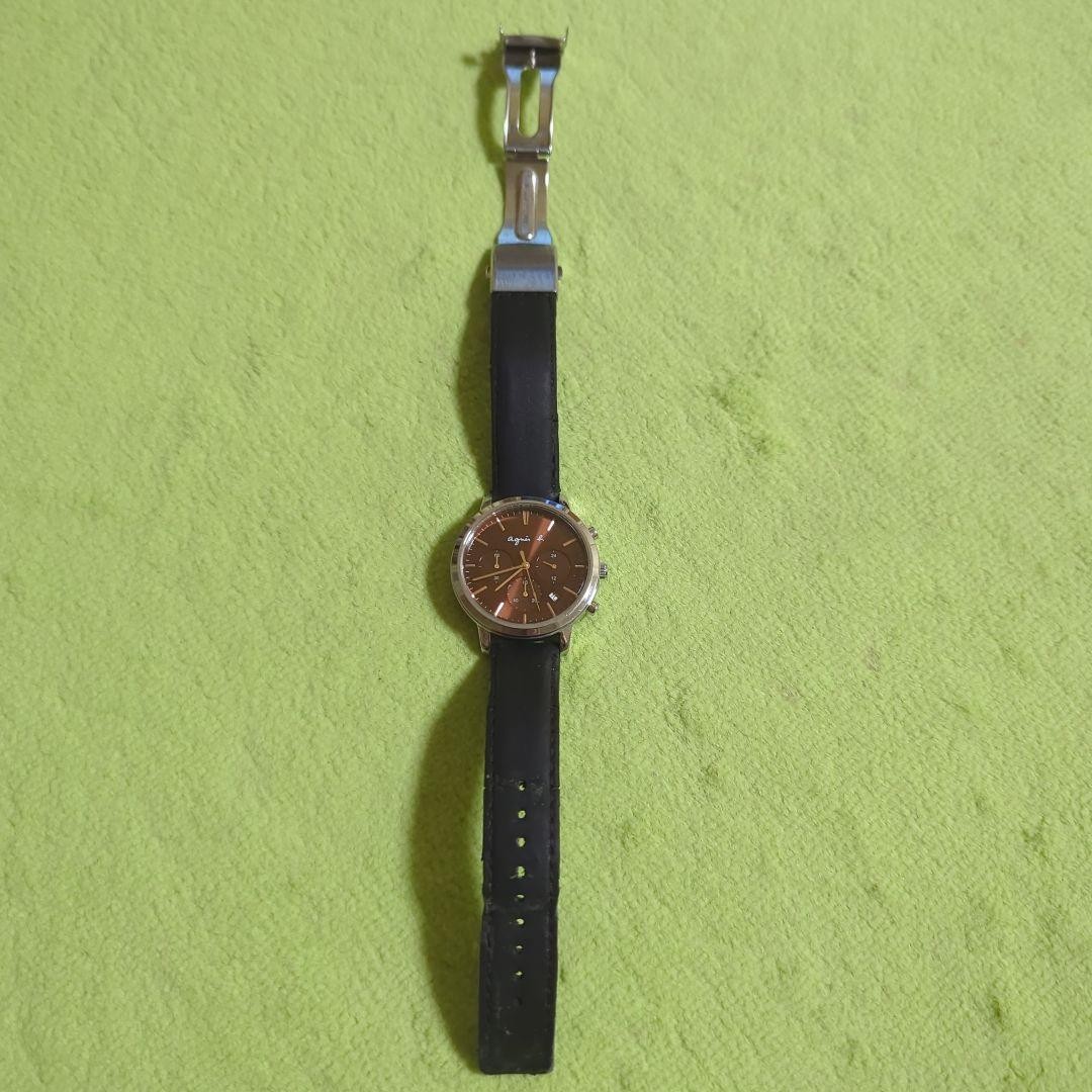 agnes b Quartz Watch Brown Dial Leather Strap Chronograph Date Authentic