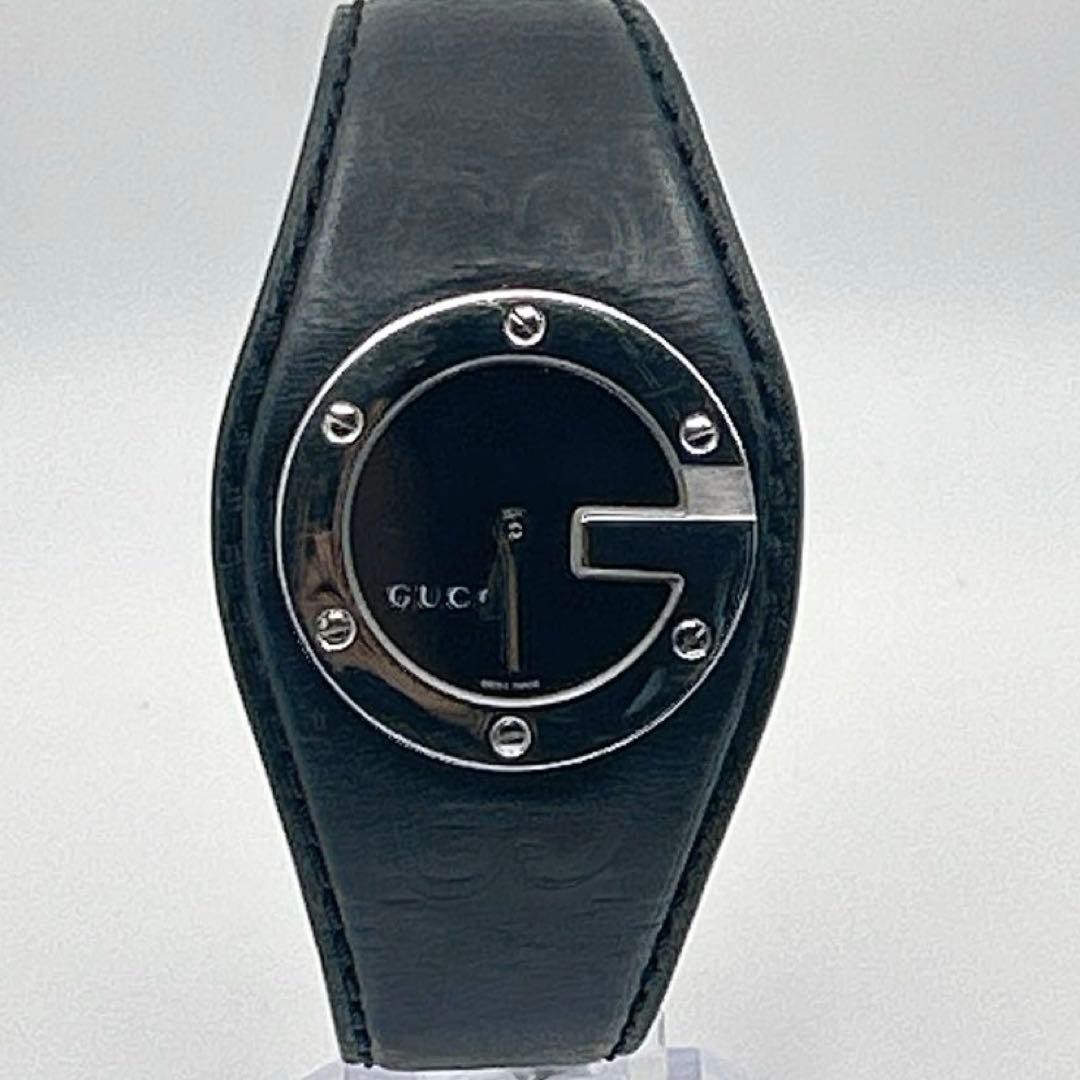GUCCI 104 G Bangle Watch Stainless Leather Size 6.1-7.1in Black Dial Luxury