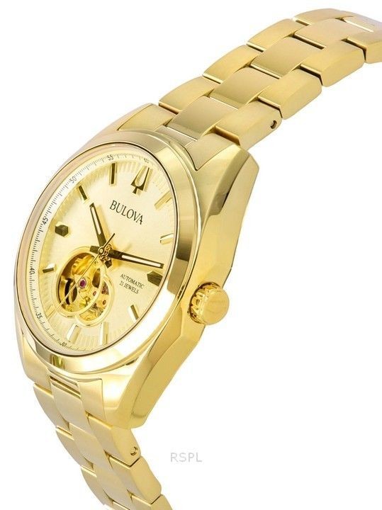 Bulova Surveyor Automatic Open Heart Champagne Dial 97A182 30M Analog Mens Watch
