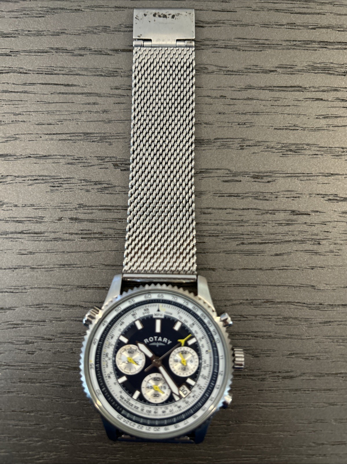 Mens Silver Milanese Bracelet Rotary Blue Face Chrono Slide Rule Pilot Watch