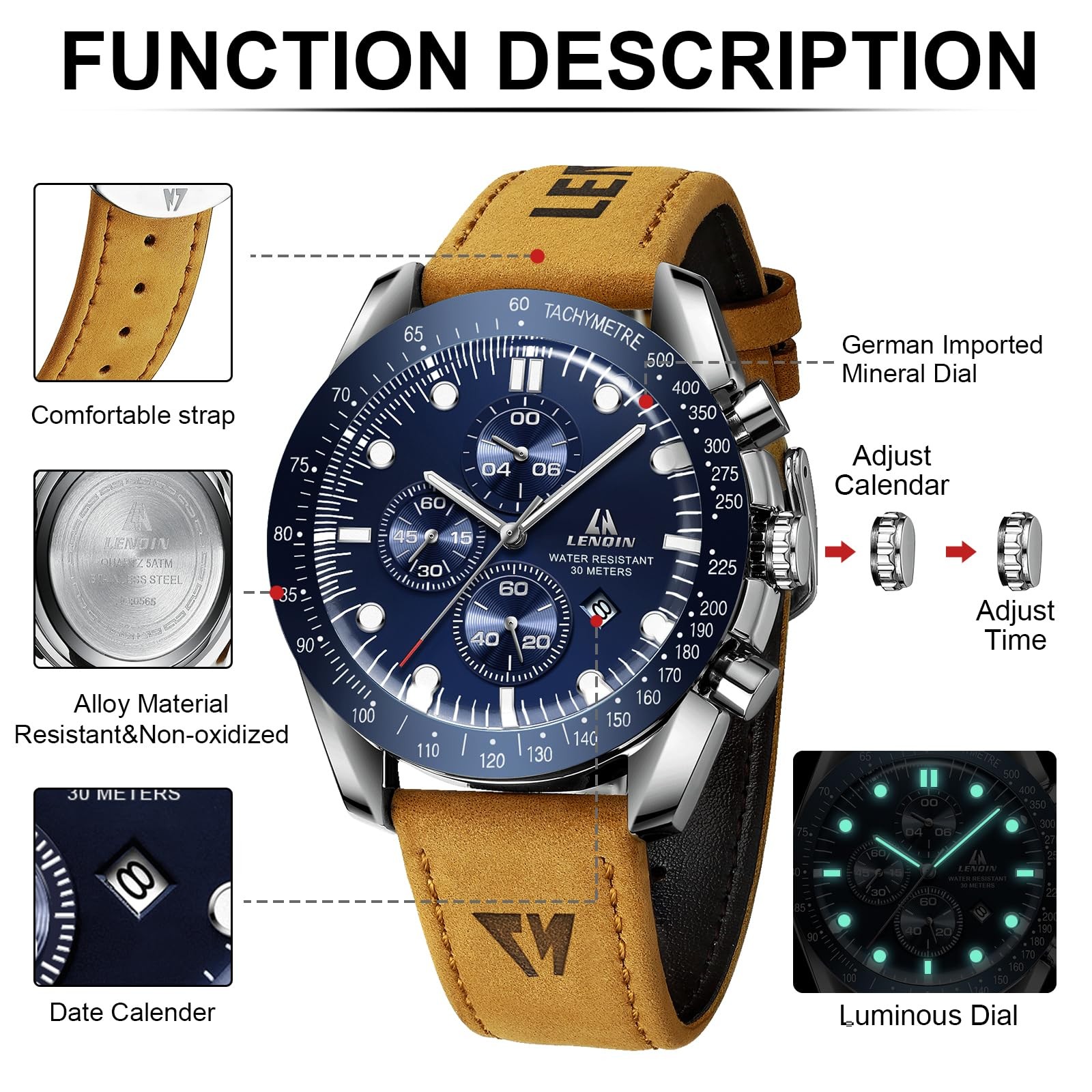 Luminous Men Quartz Watch Date Display Mineral Glass Genuine Leather Strap 46mm