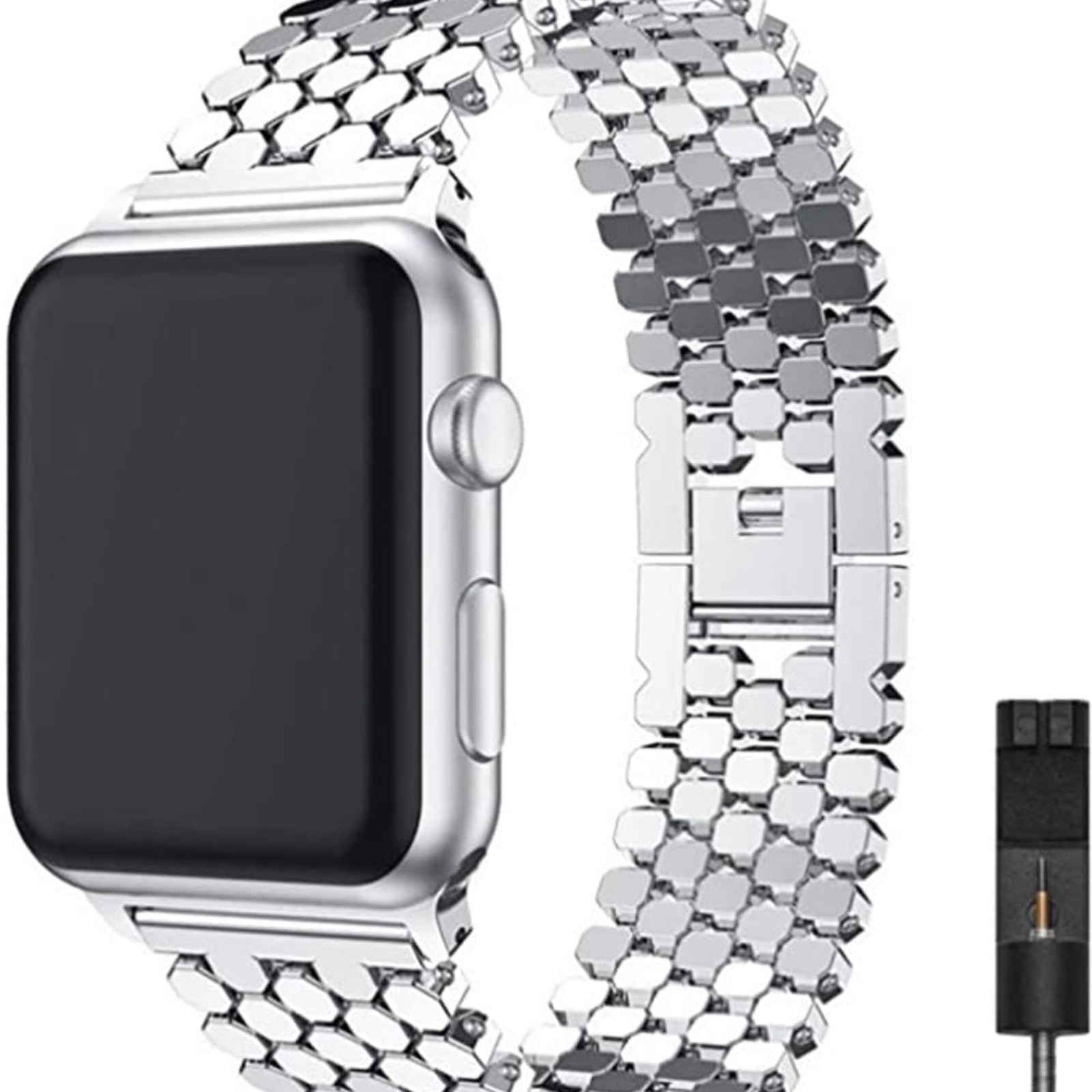 BNWT Metal Honeycomb Silver Apple Watch Band w Adj tool 42mm-44mm