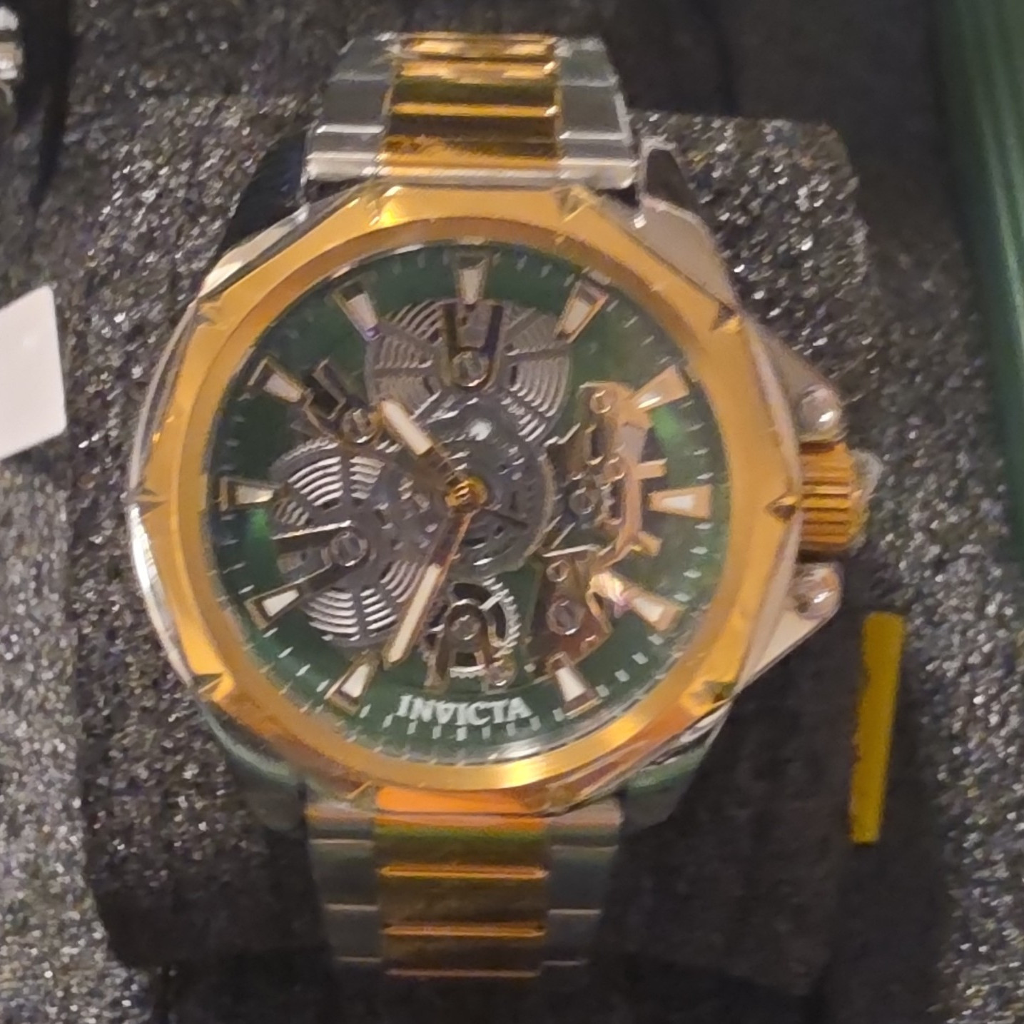Invicta Bolt Men’s Quartz Skeleton Green Dial 50mm Two-Tone SS Bracelet 100m
