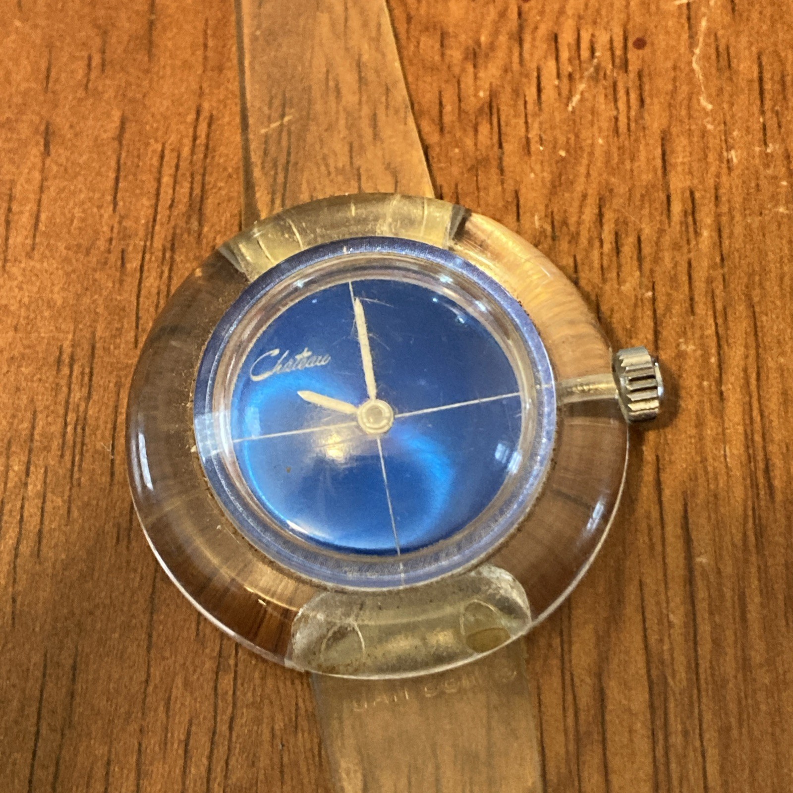 Vintage Chateau Swiss Acrylic Womans Wristwatch Blue Dial Works Space Age