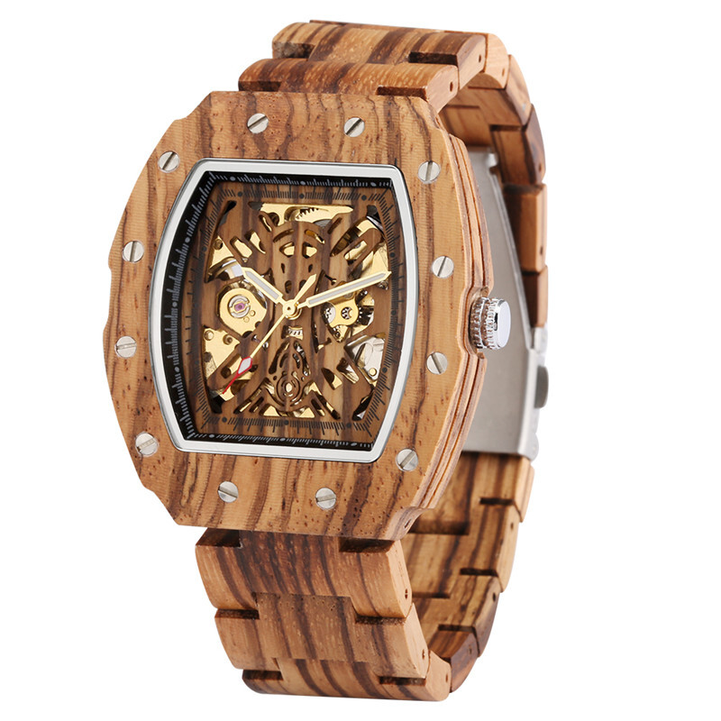 Handmade Men Watch Skeleton Automatic Mechanical Wooden Wristwatch Wood Bracelet