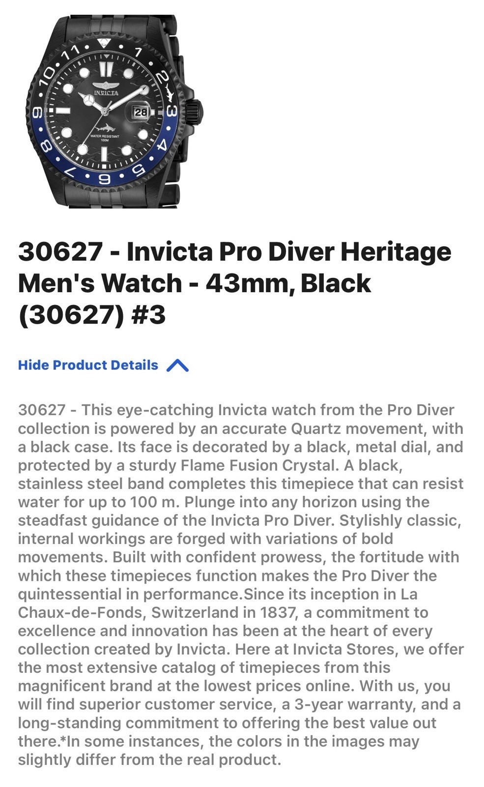 Invicta 30627 Pro Diver Heritage 43mm Quartz Watch Black Dial SS Bracelet 100M