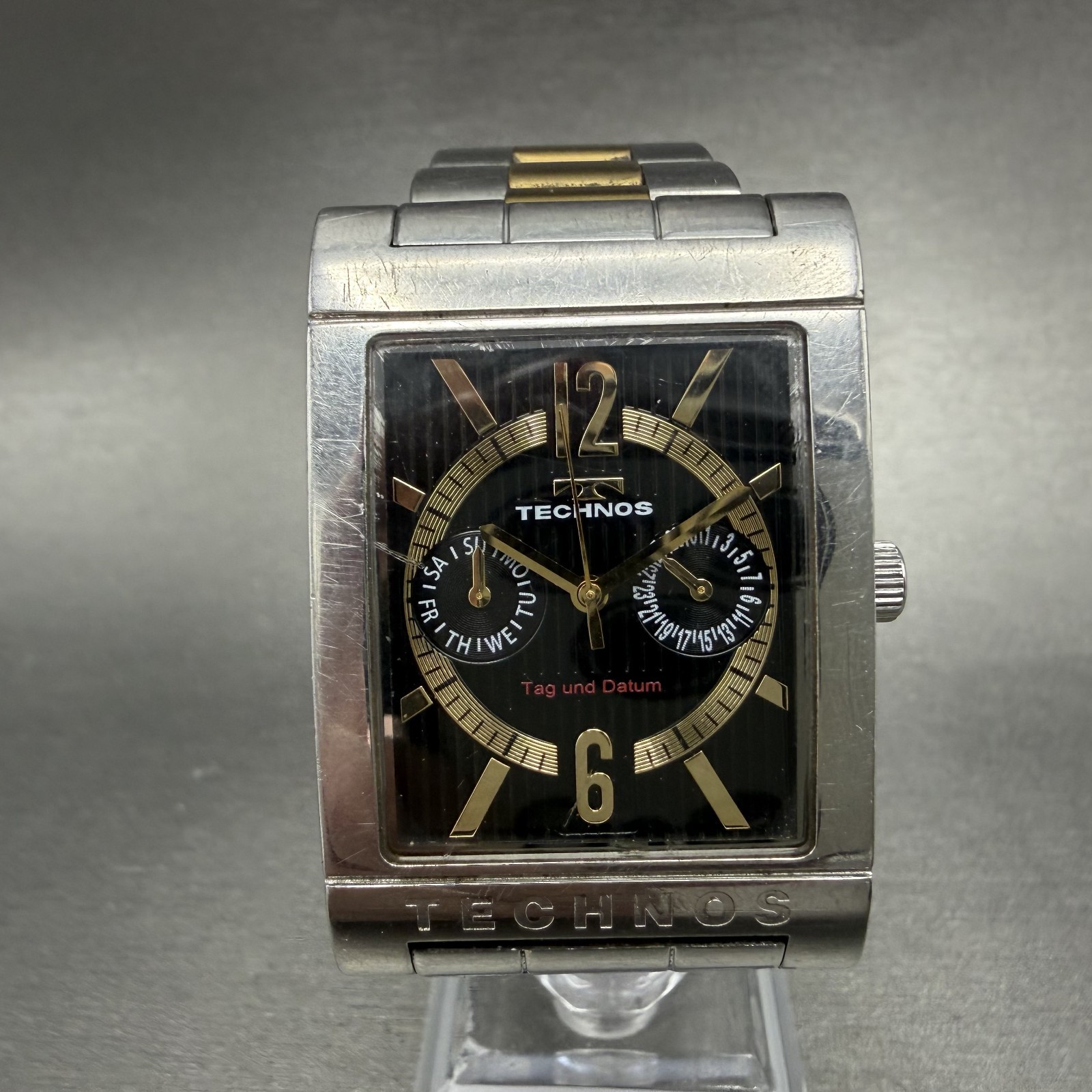 Technos Watch Men 32mm Black Dial Two Tone Daydate Rectangle T2046 New Battery