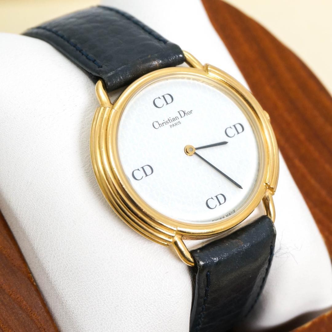 Christian Dior 3010 Quartz Vintage Watch CD Logo Navy Gold Japan -For Parts
