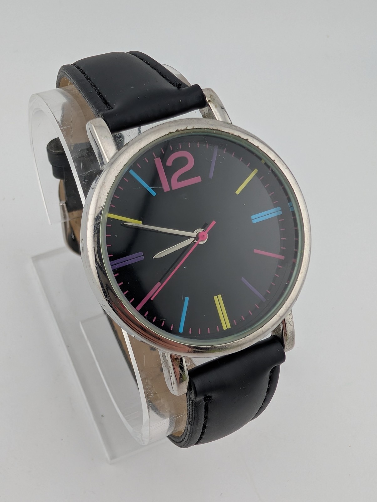 Classic Silver Tone 37mm Case Colorful Hour Mark Women’s Watch- New Battery