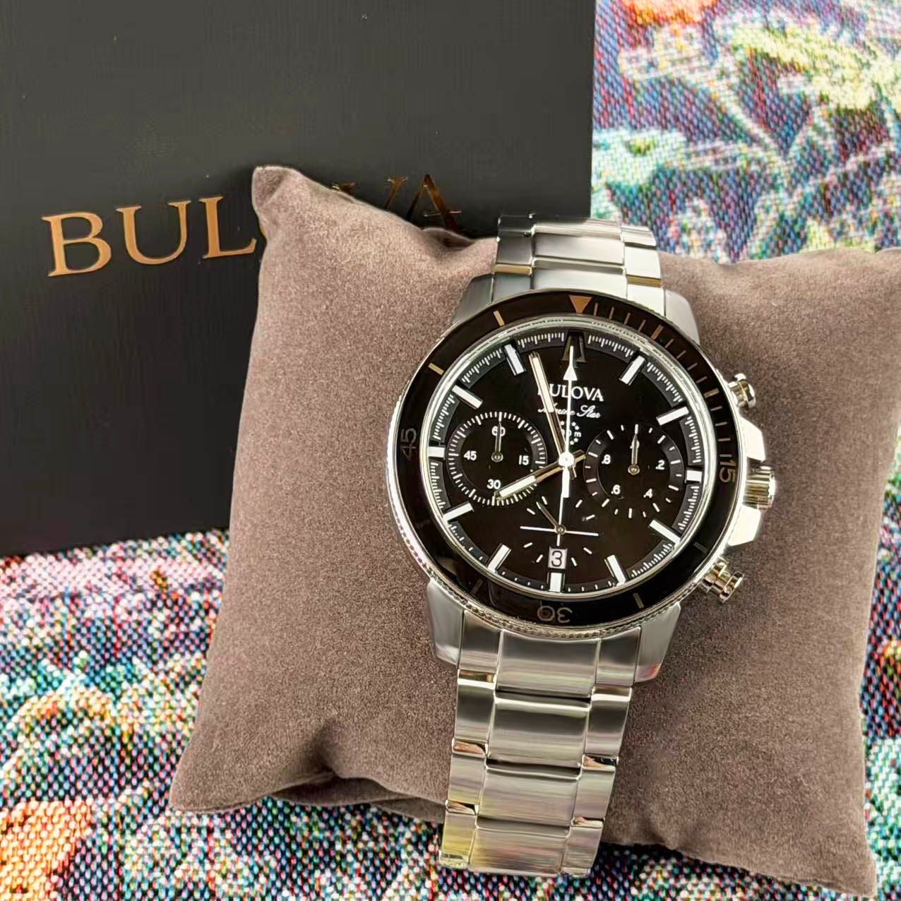 New Bulova Marine Star 96B272 Black Dial Men’s Chronograph Quartz Watch 45mm
