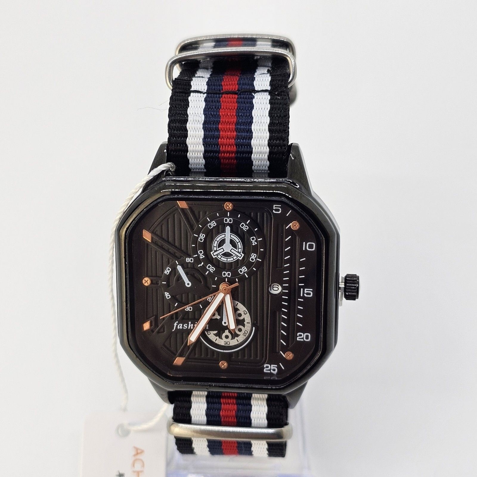 42MM Men’s Watch Black Dial Date Navy Blue Red White Black Canvas Band Strap