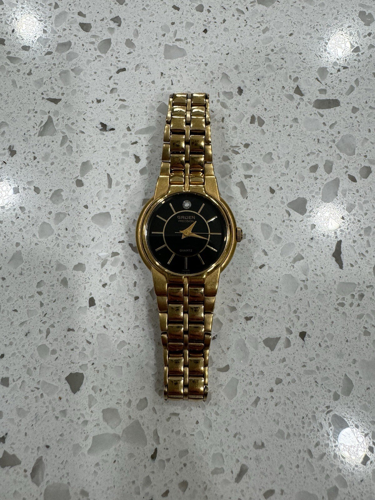 Gruen Watch Man Black Face Gold Tone Quartz Runs Link Bracelet Fold Over Clasp