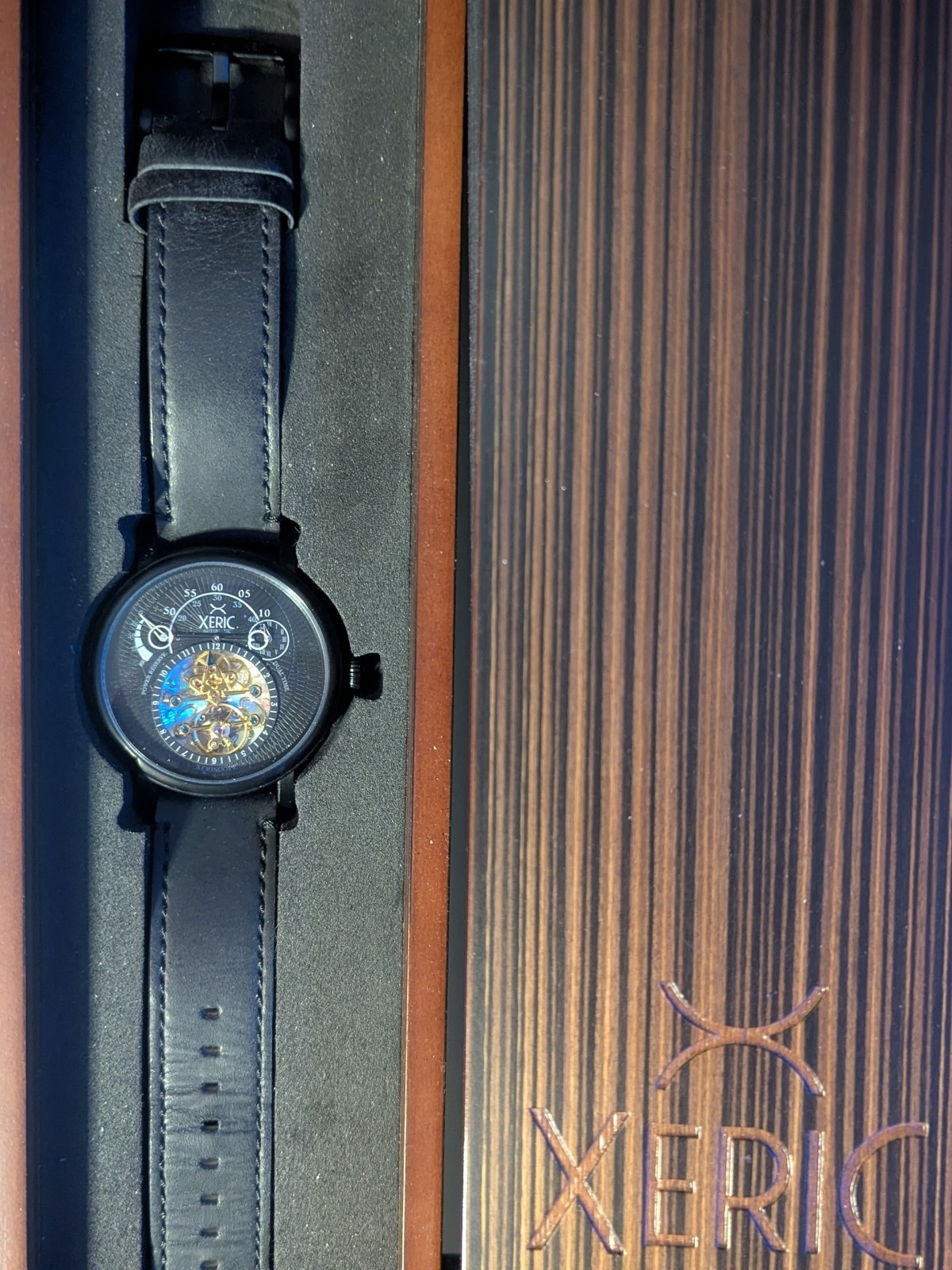 Xeric Automatic Wristwatch Black Leather Band Exhibition Caseback Box Booklet