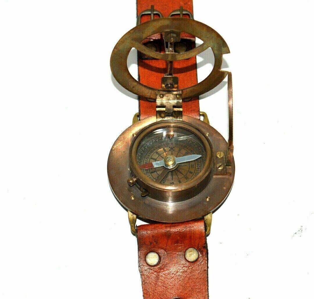 Sun Dial Leather Watch Brass Compass Leather Old Gold Lustre Unusual UK