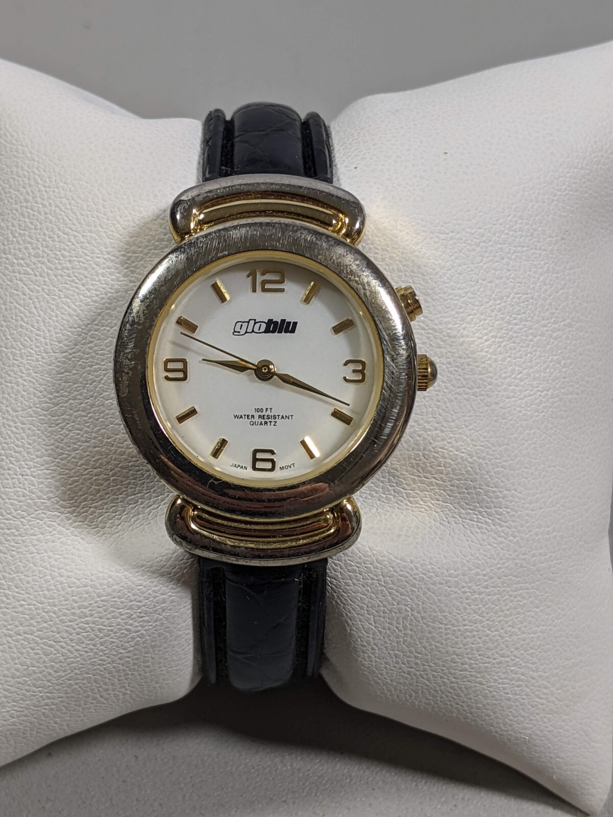 Glo Blue White Dial Round Gold Tone Case 38 mm Black Band Watch