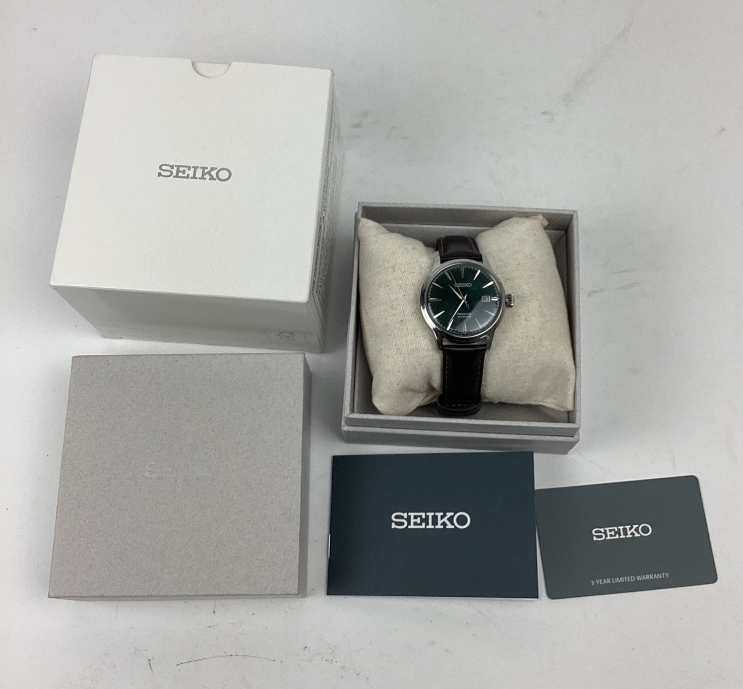 SEIKO Presage SRPD37 Men’s Automatic Date Ind Leather Strap Green Dial Watch