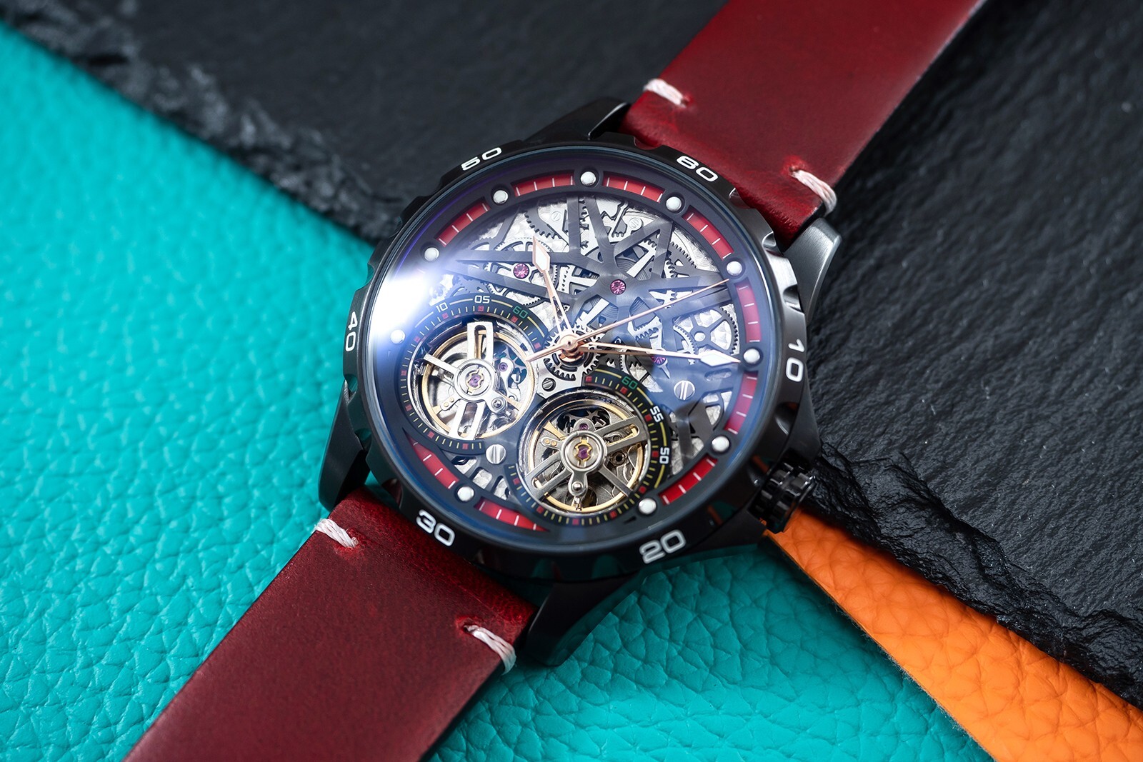 Mens Black Double Flywheel Automatic Mechanical Watch Oil Waxed Dark Red Leather