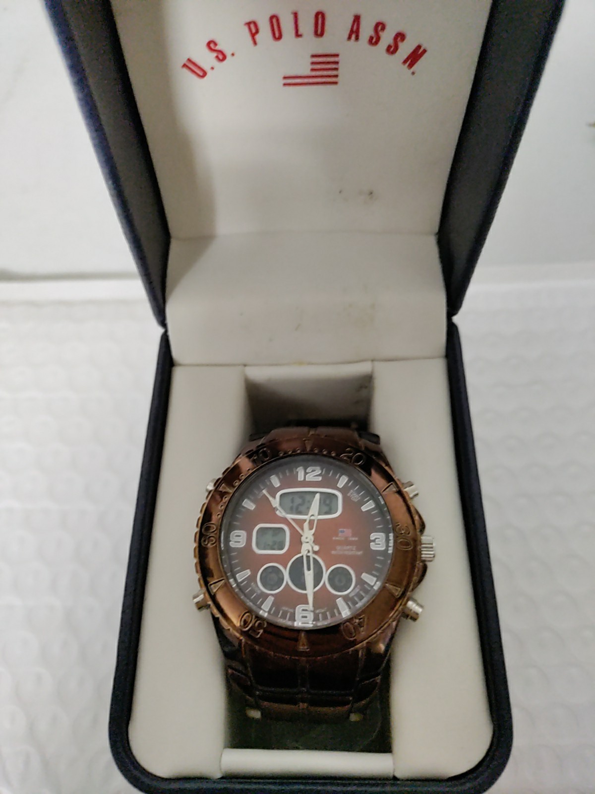 U.S. Polo US8143 Water Resistant Japan Movt Sport Men’s Watch Brown-Orange Note!