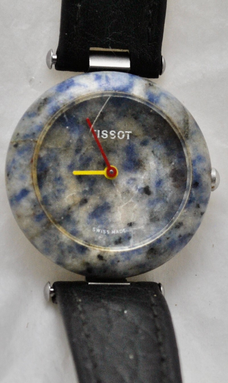 Vintage Tissot RockWatch Blue/White Granite Stone Watch Black Leather Band R150