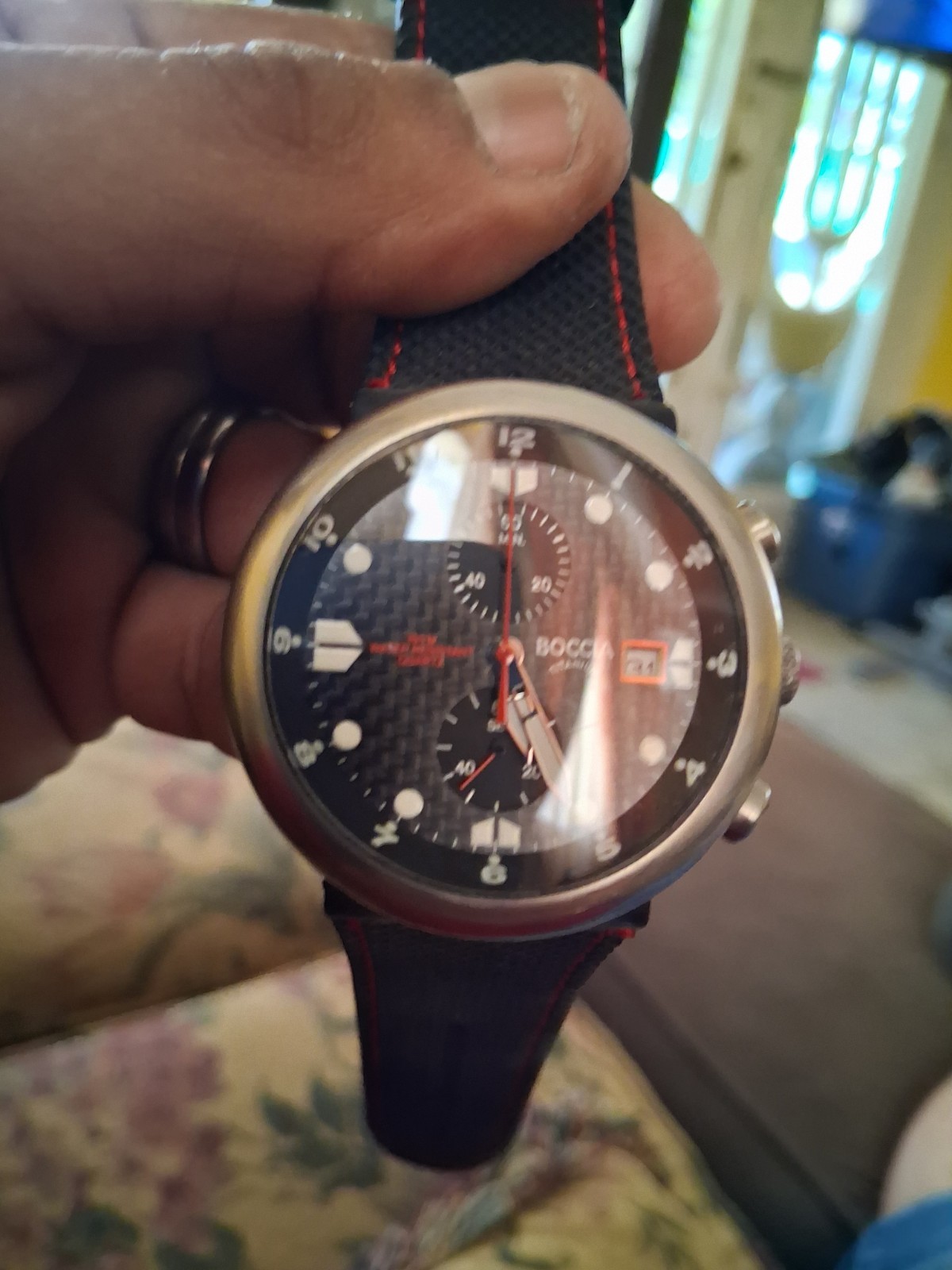 BOCCIA Titanium Quartz Chronograph Date 42mm Sport Watch Black Leather Strap