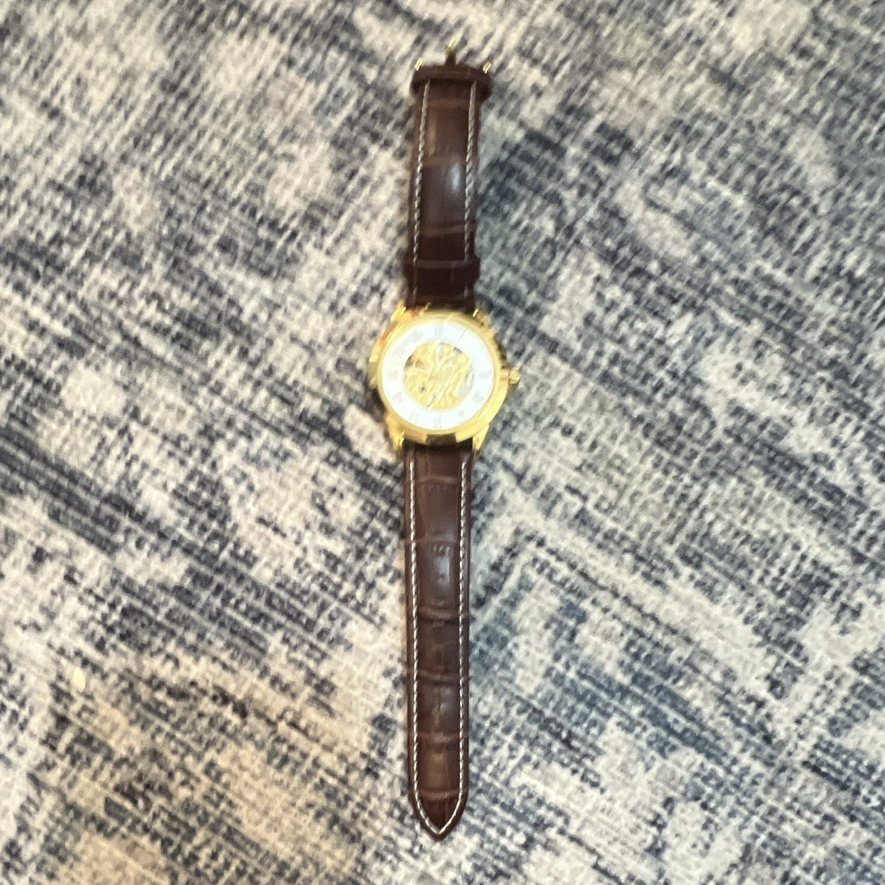 Shenhua Skeleton Automatic Watch Gold-Tone Case Brown Leather Strap Exhibition